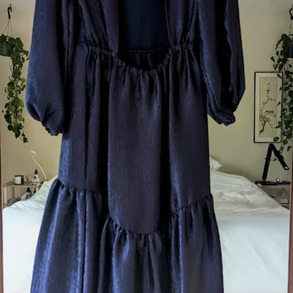 Topshop Premium Textured Jacquard Midi Dress Navy Blue Tiered Size 4 - Picture 4 of 11